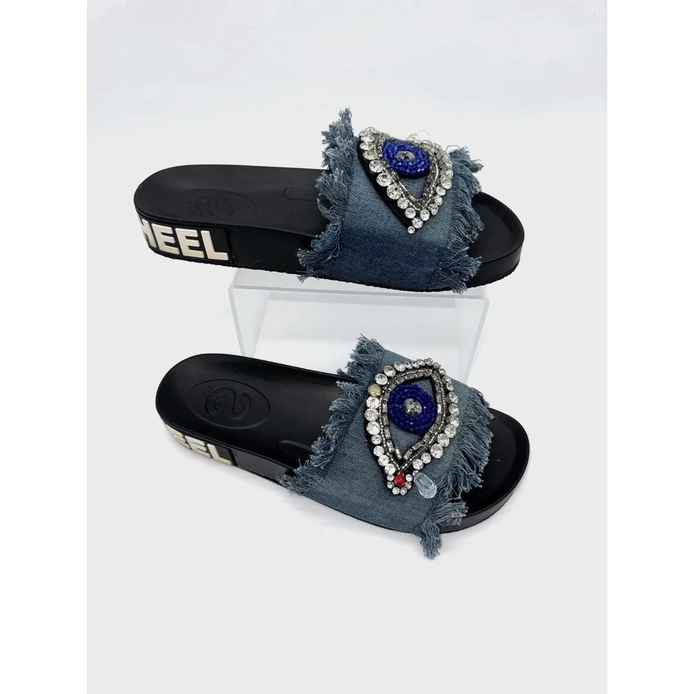 Evil Eye Crystals Rhinestones Beads Blue‎ Denim Fringe Sandals Slides Sz 9